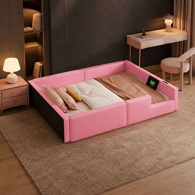 GOODSILO Twin Size Upholstered Platform Bed with Guardrail and Charging Station