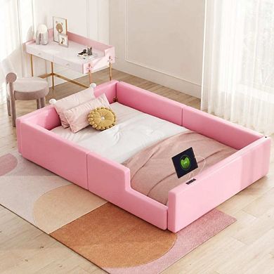 GOODSILO Twin Size Upholstered Platform Bed with Guardrail and Charging Station