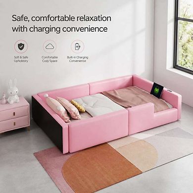 GOODSILO Twin Size Upholstered Platform Bed with Guardrail and Charging Station