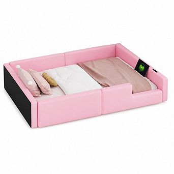 GOODSILO Twin Size Upholstered Platform Bed with Guardrail and Charging Station