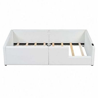 GOODSILO Twin Size Upholstered Platform Bed with Guardrail and Charging Station