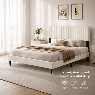 GOODSILO Velvet Upholstered Platform Bed Frame with Height-Adjustable Headboard