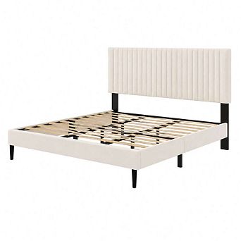 GOODSILO Velvet Upholstered Platform Bed Frame with Height-Adjustable Headboard