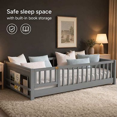 GOODSILO Twin Size Floor Bed with Built-in Book Rack and Door