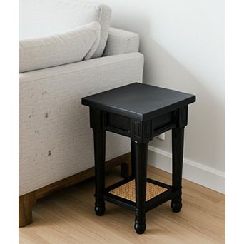 HomeRoots 20" Black And Natural Solid Wood And Cane Square End Table With Shelf