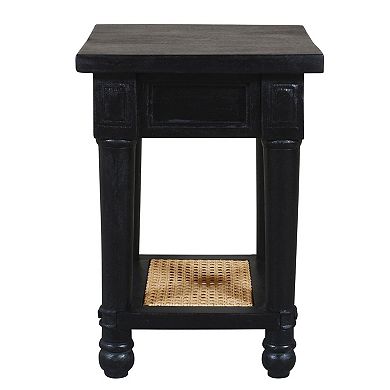 HomeRoots 20" Black And Natural Solid Wood And Cane Square End Table With Shelf