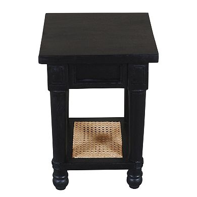 HomeRoots 20" Black And Natural Solid Wood And Cane Square End Table With Shelf