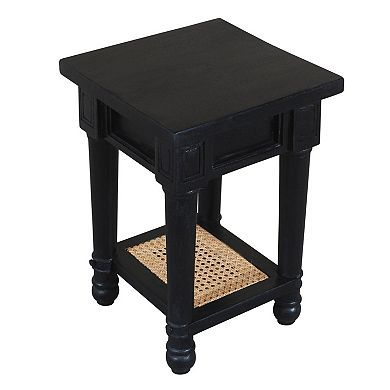 HomeRoots 20" Black And Natural Solid Wood And Cane Square End Table With Shelf