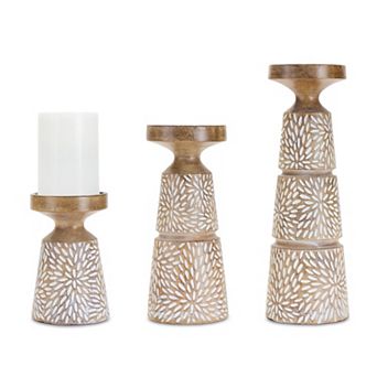 HomeRoots Set of Three Brown And White Distressed Floral Resin Tabletop Pillar Candle Holders