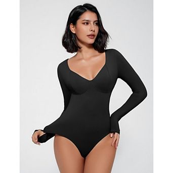 Avidlove Women V Neck Seamed Cup Long Sleeve Double Lined Tummy Control Thong Bodysuit