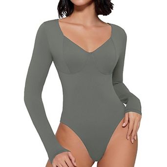 Avidlove Women V Neck Seamed Cup Long Sleeve Double Lined Tummy Control Thong Bodysuit
