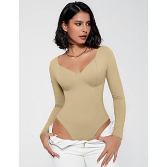 Avidlove Women V Neck Seamed Cup Long Sleeve Double Lined Tummy Control Thong Bodysuit