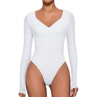 Avidlove Women V Neck Seamed Cup Long Sleeve Double Lined Tummy Control Thong Bodysuit