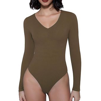 Avidlove Women V Neck Long Sleeve Double Lined Thong Bodysuit With Dual Snap Crotch Fasteners