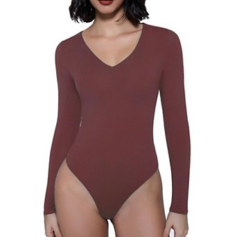 Avidlove Women V Neck Long Sleeve Double Lined Thong Bodysuit With Dual Snap Crotch Fasteners
