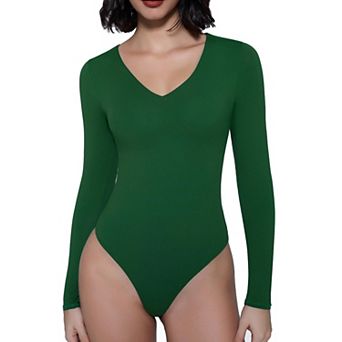 Avidlove Women V Neck Long Sleeve Double Lined Thong Bodysuit With Dual Snap Crotch Fasteners