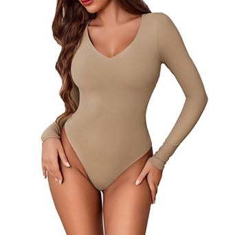 Avidlove Women V Neck Long Sleeve Double Lined Thong Bodysuit With Dual Snap Crotch Fasteners