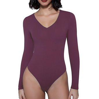 Avidlove Women V Neck Long Sleeve Double Lined Thong Bodysuit With Dual Snap Crotch Fasteners