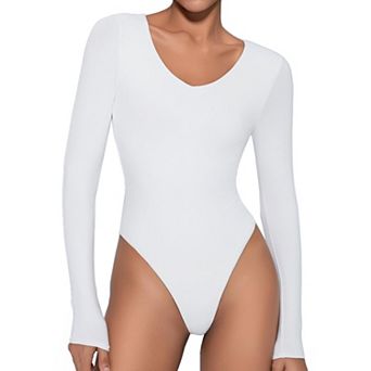Avidlove Women V Neck Long Sleeve Double Lined Thong Bodysuit With Dual Snap Crotch Fasteners