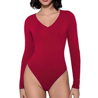 Avidlove Women V Neck Long Sleeve Double Lined Thong Bodysuit With Dual Snap Crotch Fasteners