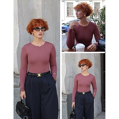 Avidlove Women Crew Neck Long Sleeve Double Lined Thong Bodysuit Basic Slim Fit Top