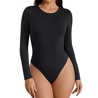 Avidlove Women Crew Neck Long Sleeve Double Lined Thong Bodysuit Basic Slim Fit Top