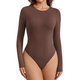 Avidlove Women Crew Neck Long Sleeve Double Lined Thong Bodysuit Basic Slim Fit Top