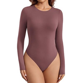 Avidlove Women Crew Neck Long Sleeve Double Lined Thong Bodysuit Basic Slim Fit Top