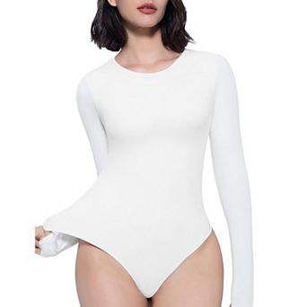 Avidlove Women Crew Neck Long Sleeve Double Lined Thong Bodysuit Basic Slim Fit Top
