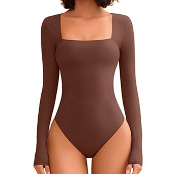 Avidlove Women Square Neck Long Sleeve Double Lined Ruched Waist Bodysuit With Snap Closure