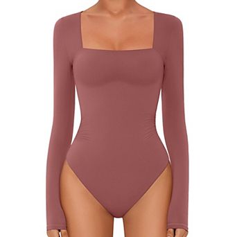 Avidlove Women Square Neck Long Sleeve Double Lined Ruched Waist Bodysuit With Snap Closure