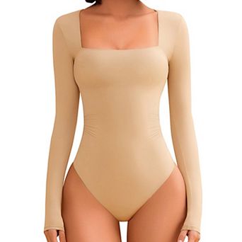 Avidlove Women Square Neck Long Sleeve Double Lined Ruched Waist Bodysuit With Snap Closure