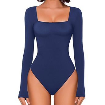 Avidlove Women Square Neck Long Sleeve Double Lined Ruched Waist Bodysuit With Snap Closure