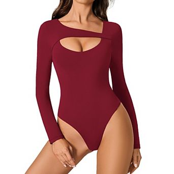 Avidlove Women Scoop Neck Cutout Long Sleeve Double Lined Thong Bodysuit With Dual Snap Closure