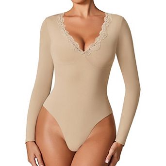 Avidlove Women Scalloped Lace Trim V Neck Long Sleeve Double Lined Thong Bodysuit