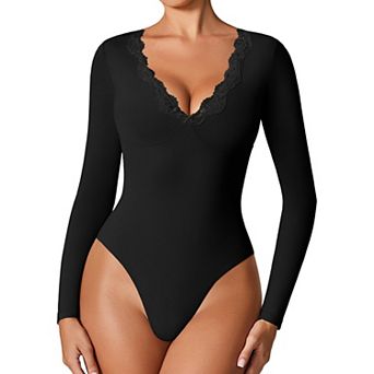Avidlove Women Scalloped Lace Trim V Neck Long Sleeve Double Lined Thong Bodysuit