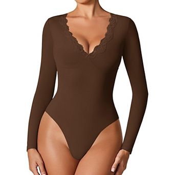 Avidlove Women Scalloped Lace Trim V Neck Long Sleeve Double Lined Thong Bodysuit