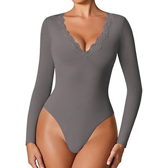 Avidlove Women Scalloped Lace Trim V Neck Long Sleeve Double Lined Thong Bodysuit