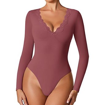 Avidlove Women Scalloped Lace Trim V Neck Long Sleeve Double Lined Thong Bodysuit