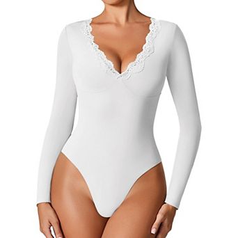 Avidlove Women Scalloped Lace Trim V Neck Long Sleeve Double Lined Thong Bodysuit