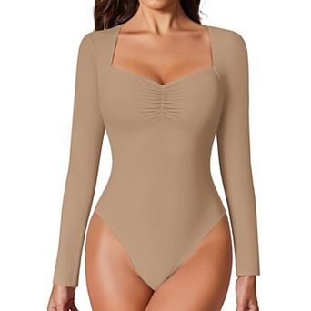 Avidlove Women Square Sweetheart Neck Ruched Bust Long Sleeve Double Lined Thong Bodysuit