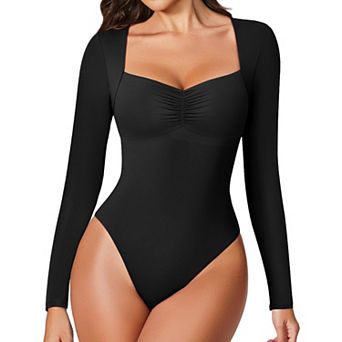Avidlove Women Square Sweetheart Neck Ruched Bust Long Sleeve Double Lined Thong Bodysuit