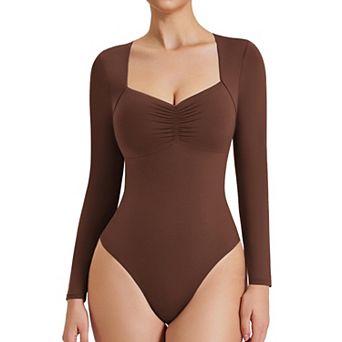 Avidlove Women Square Sweetheart Neck Ruched Bust Long Sleeve Double Lined Thong Bodysuit