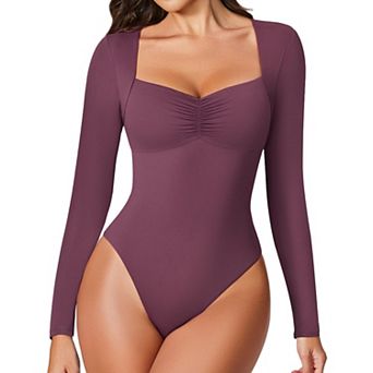 Avidlove Women Square Sweetheart Neck Ruched Bust Long Sleeve Double Lined Thong Bodysuit