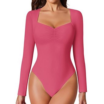 Avidlove Women Square Sweetheart Neck Ruched Bust Long Sleeve Double Lined Thong Bodysuit