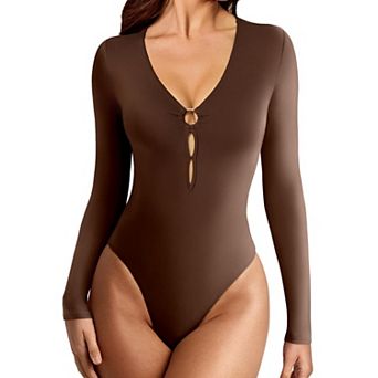 Avidlove Women Deep V O-Ring Cutout Long Sleeve Double Lined Thong Bodysuit With Dual Snap Closure