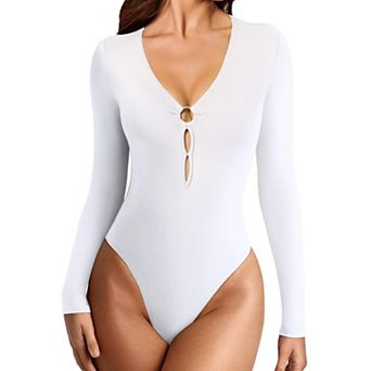 Avidlove Women Deep V O-Ring Cutout Long Sleeve Double Lined Thong Bodysuit With Dual Snap Closure