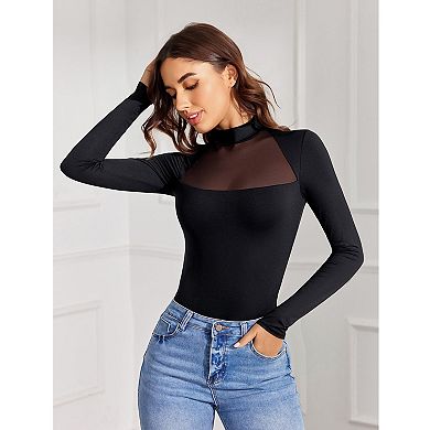 Avidlove Women Mock Neck Sheer Mesh Panel Double Lined Thong Long Sleeve Shapewear Bodysuit