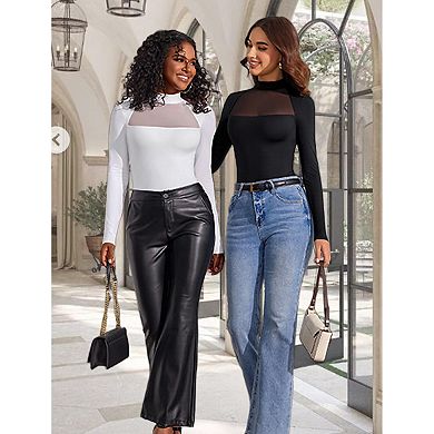 Avidlove Women Mock Neck Sheer Mesh Panel Double Lined Thong Long Sleeve Shapewear Bodysuit