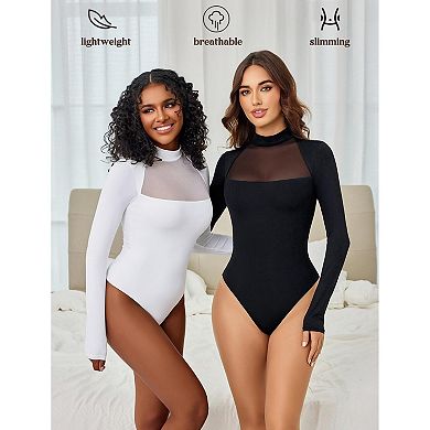 Avidlove Women Mock Neck Sheer Mesh Panel Double Lined Thong Long Sleeve Shapewear Bodysuit